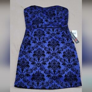 Teeze Me Strapless Bodycon Dress Size 1/2 Royal Blue Black Velvet Damask NWT